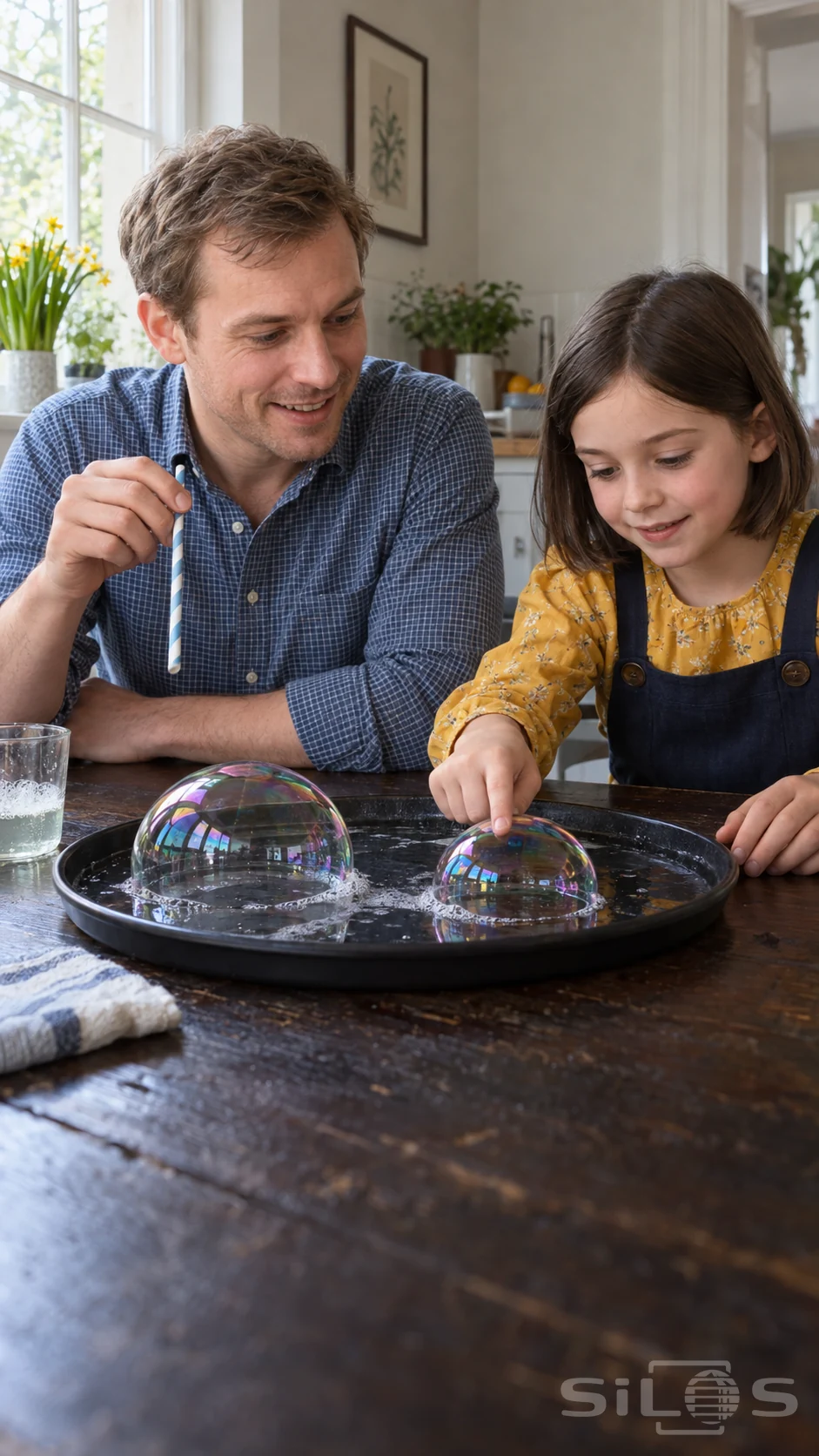 A daughter touches one of two tabletop bubbles during bubble science with her father, who holds a paper straw beside the dark tray.