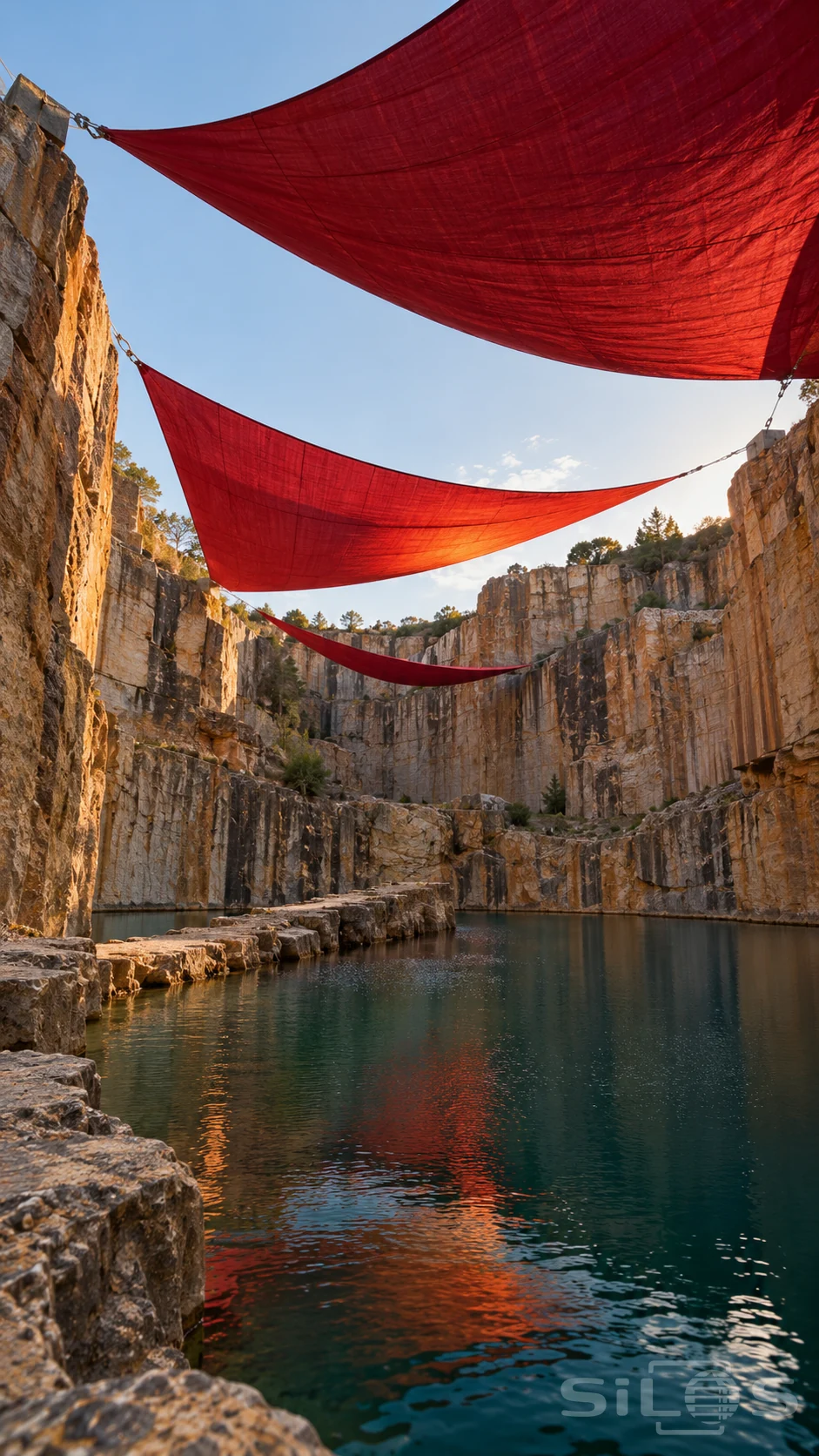 Three huge red sails hang from visible tension cables across a terraced quarry above a turquoise pond and a low stone causeway.