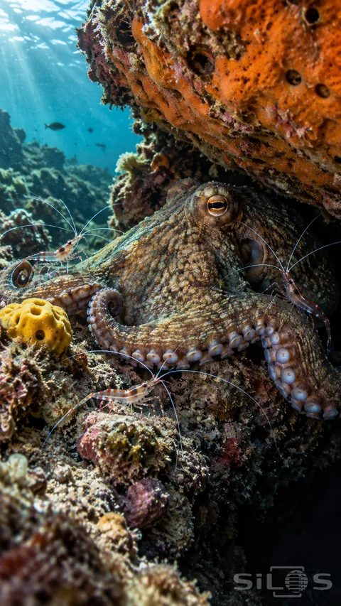 Cleaner shrimp with long pale antennae stand around a mottled octopus beneath an orange sponge-covered rock ledge.