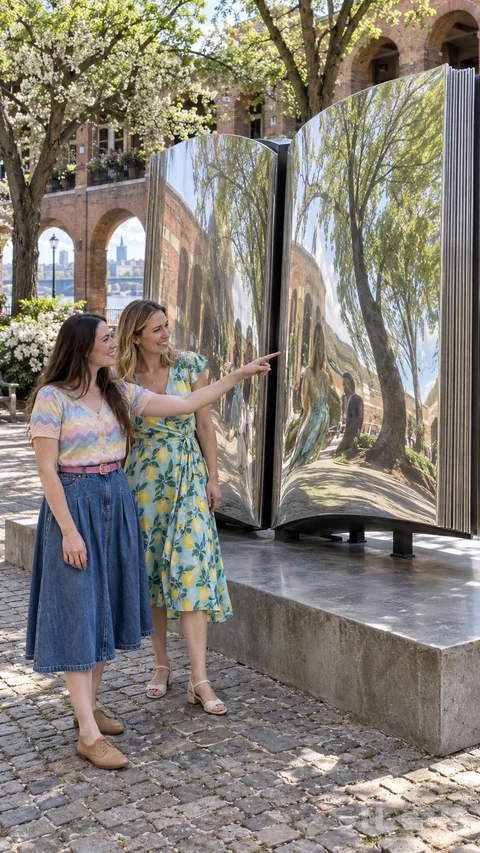 Two women smile at a mirrored book sculpture reflecting trees and brick arches in a sunny courtyard.