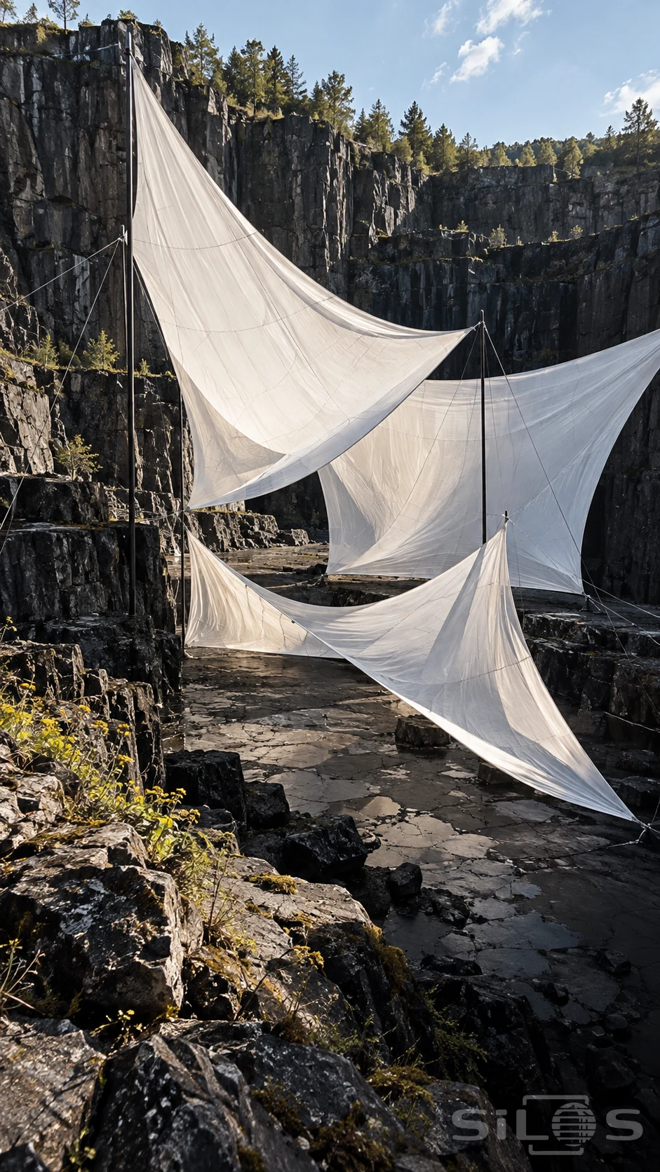 White wind sculpture of translucent fabric sails anchored by poles and cables within a dark basalt quarry.