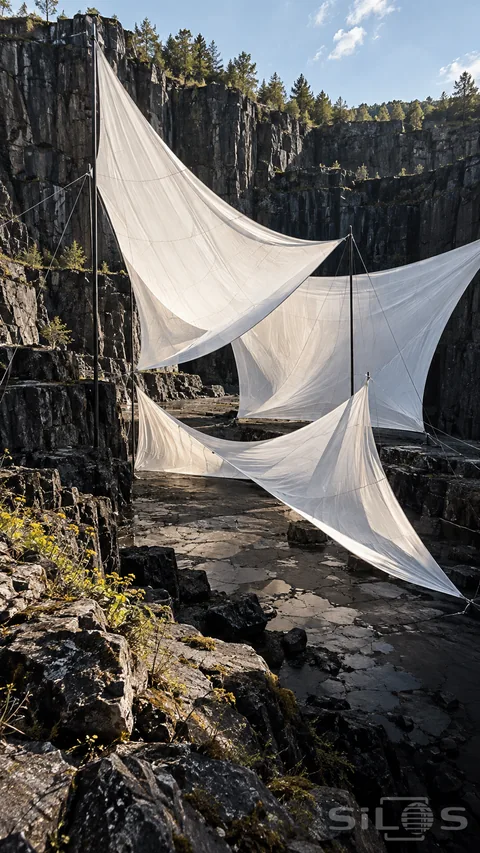 White wind sculpture of translucent fabric sails anchored by poles and cables within a dark basalt quarry.