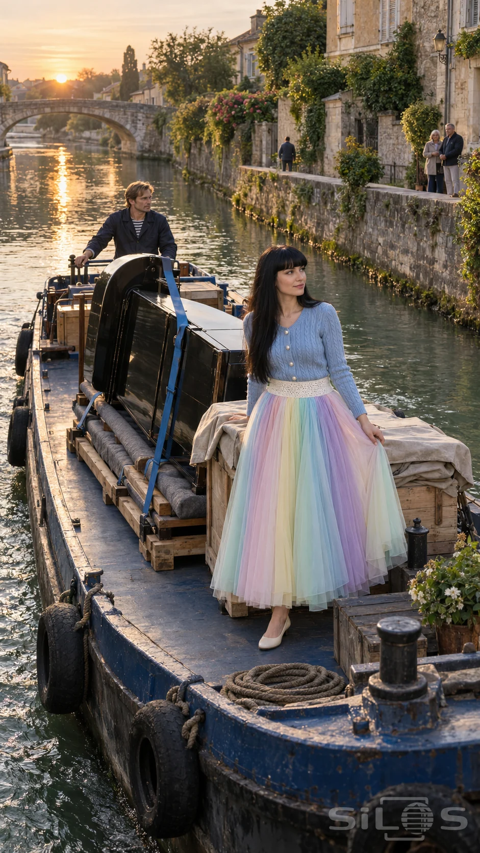 A woman in a pastel rainbow skirt stands beside a secured grand piano on a blue piano barge in a quiet canal.