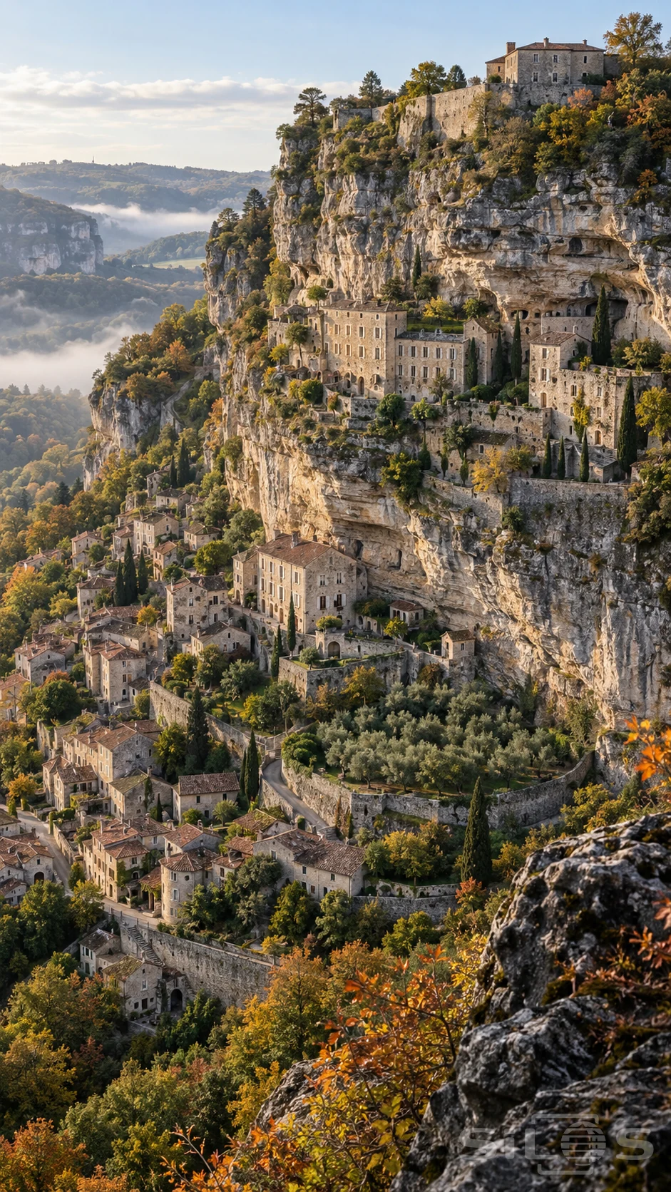 Stone houses, narrow terraces and an orchard cling to a tall limestone cliff above a misty autumn valley.