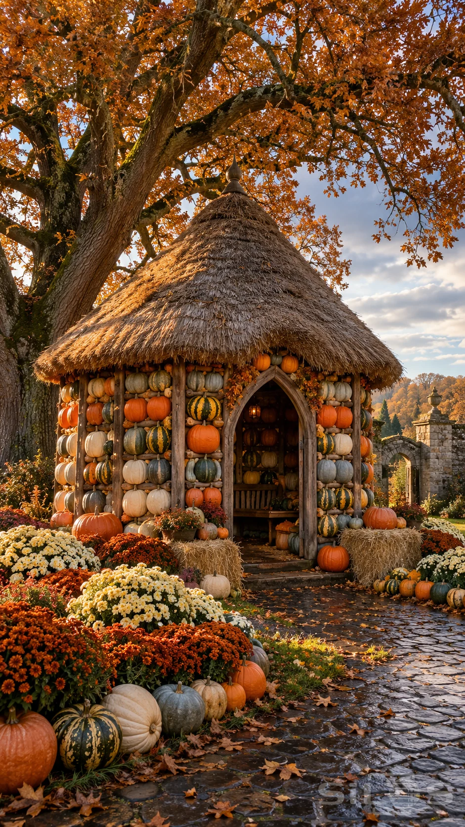 A pointed thatched pavilion with pumpkin-covered walls beneath an autumn oak, with chrysanthemums and wet cobbles.