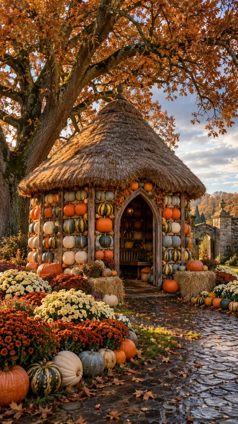 A pointed thatched pavilion with pumpkin-covered walls beneath an autumn oak; with chrysanthemums and wet cobbles.