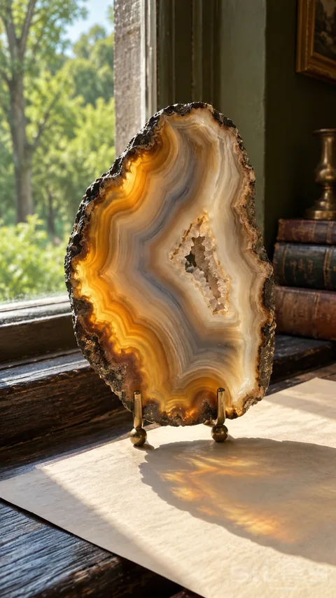 Backlit agate bands glow amber cream and gray in an irregular slice on a brass display stand beside a sunlit window.