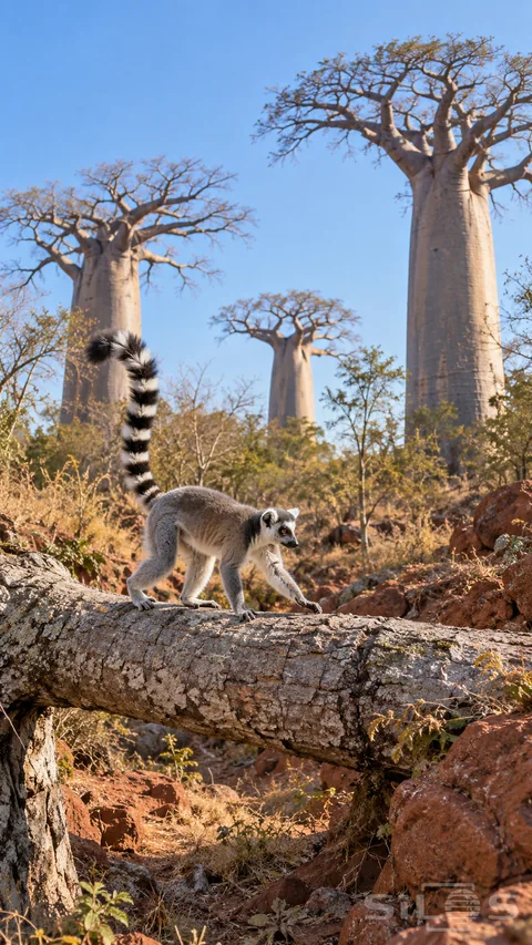A ring-tailed lemur walks along a fallen baobab branch with one forepaw extended and a raised ringed tail beneath tall trees.