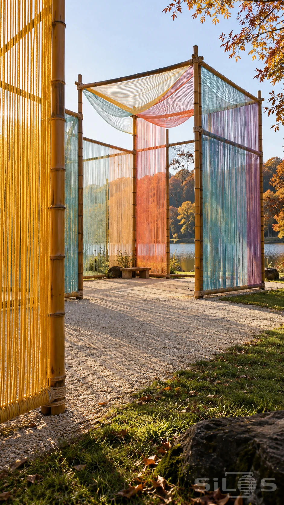 Yellow, coral and blue cord walls hang in bamboo frames beside a lake and autumn trees.
