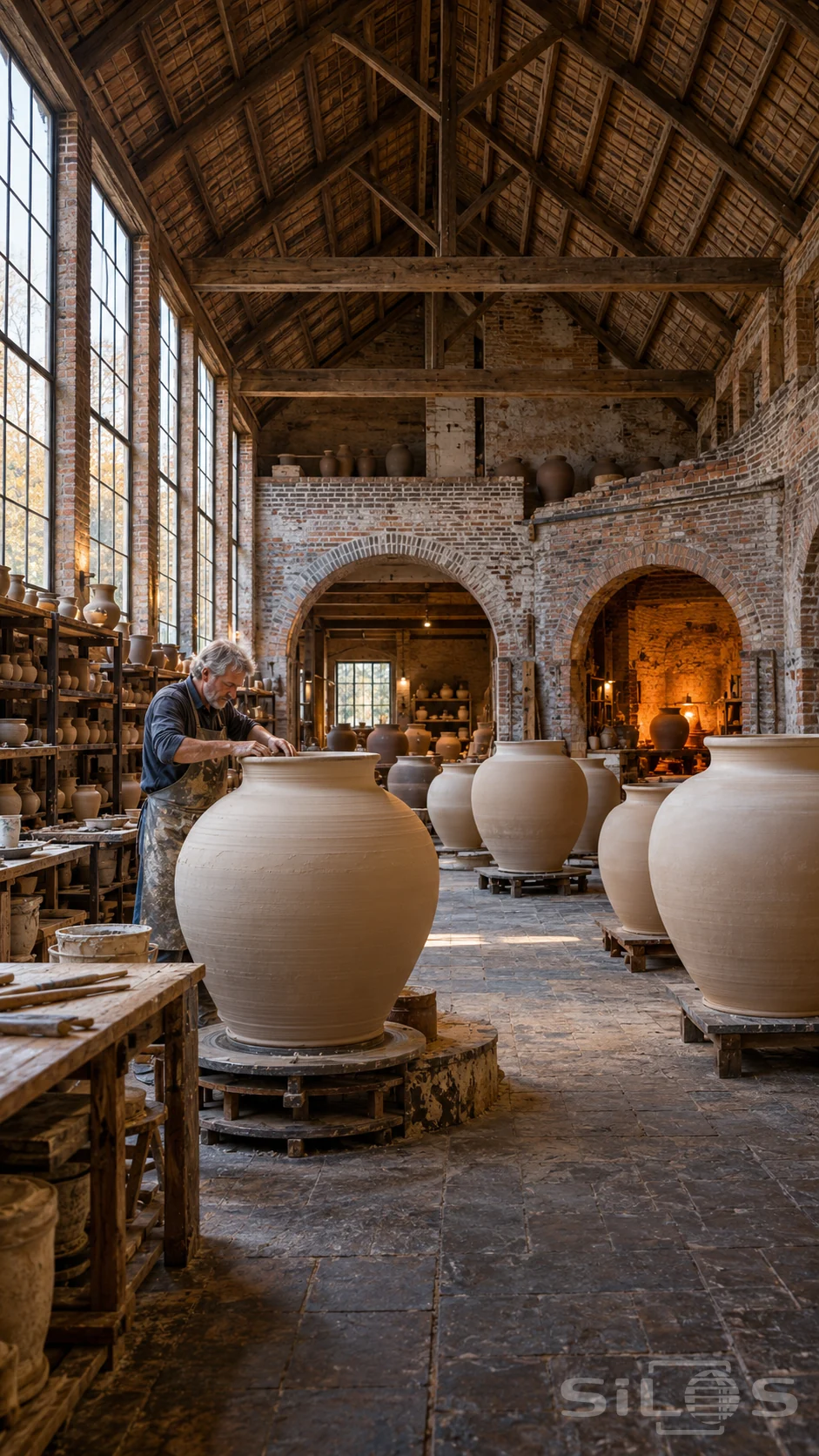 A potter shapes a huge cream clay jar among rows of vessels beneath a tall timber roof and brick arches.