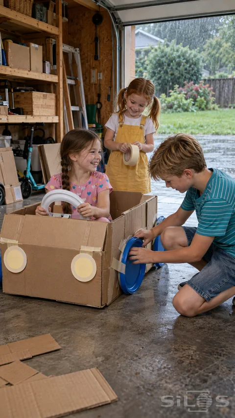 Three children making a cardboard car in an open garage attach blue plate wheels while one child holds the steering wheel.