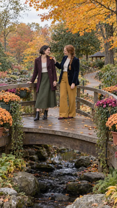 A woman lifts a maple leaf from her friend's plum coat on a timber bridge lined with chrysanthemum pots above a rocky creek.