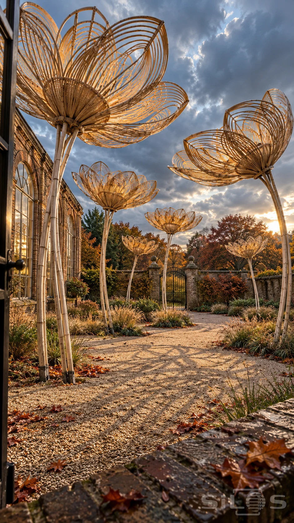 Tall bamboo flower sculptures catch golden sunlight above a gravel courtyard beside a brick conservatory.