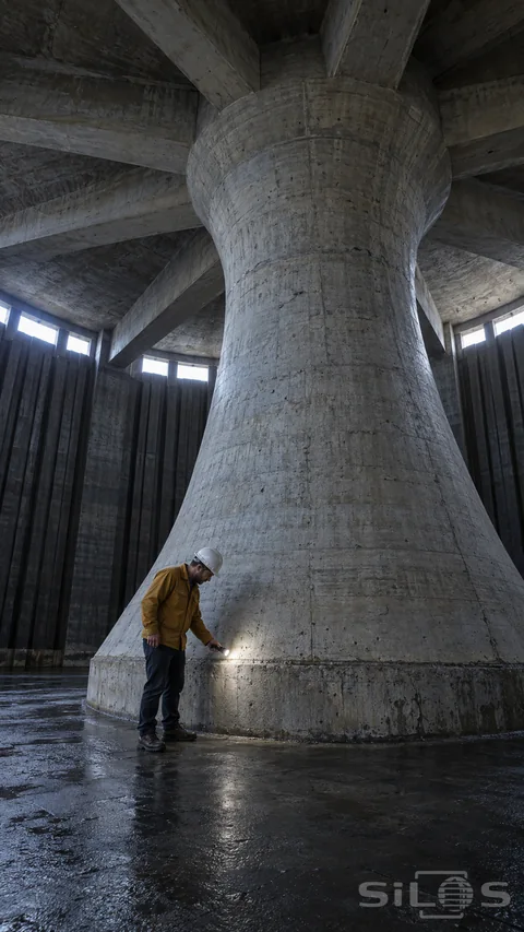 A worker aims an inspection light at a low concrete seam beneath a huge flared column and connected radial beams.