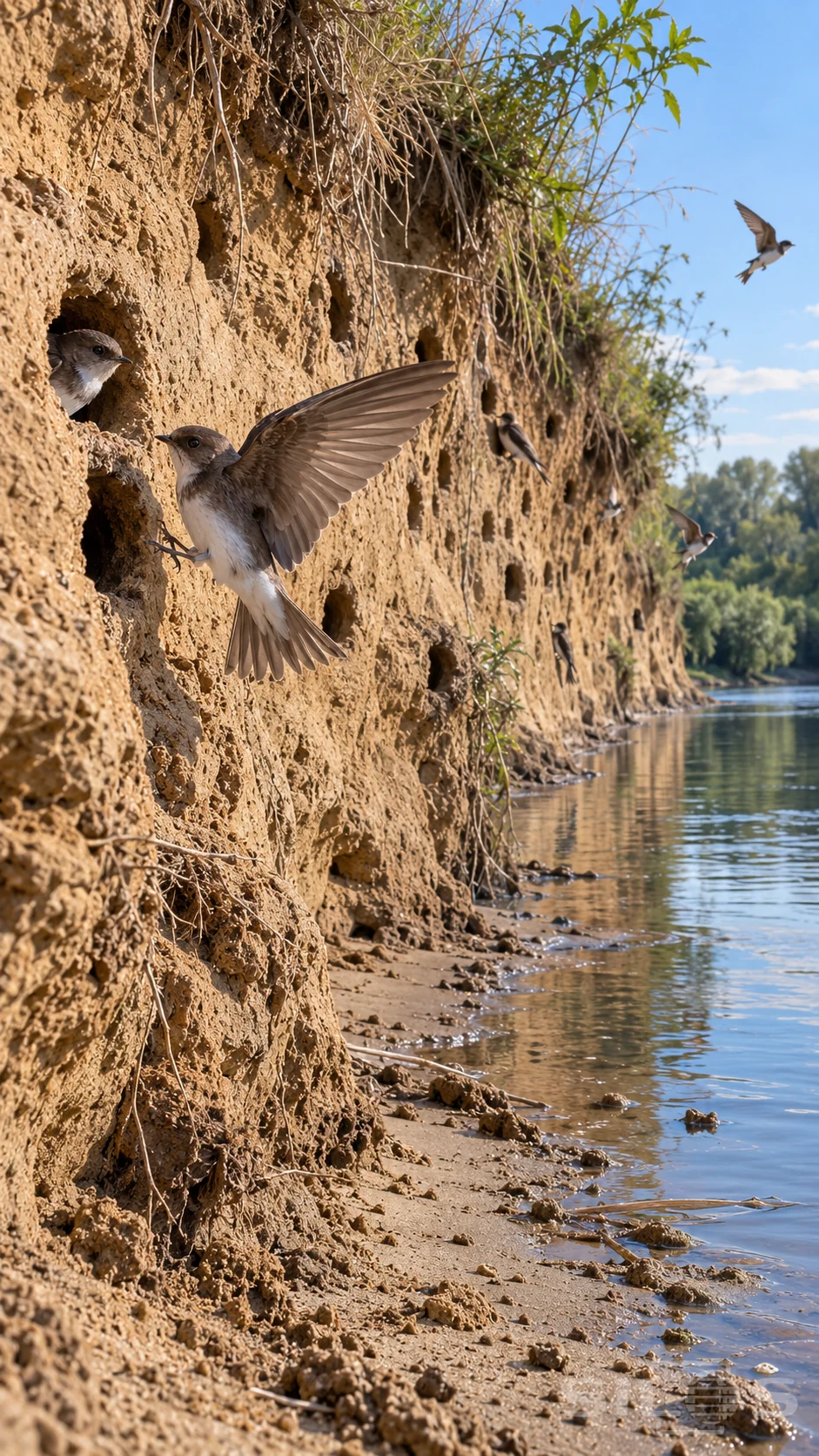 Sand martins fly and perch beside small nesting burrows in a curved ochre riverbank above a quiet blue-green river.