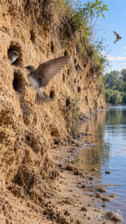 Sand martins fly and perch beside small nesting burrows in a curved ochre riverbank above a quiet blue-green river.