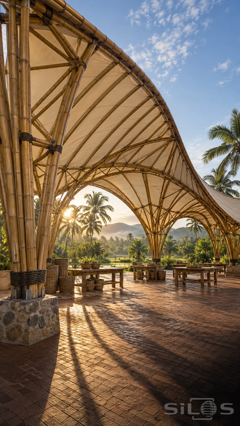 A sweeping bamboo roof with pale fabric panels shelters timber tables and baskets above a red-brick floor.
