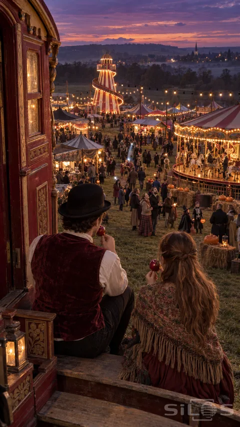 Two adults sit on carved wagon steps with toffee apples; looking over a dusk fair with a carousel; helter-skelter and costumed families.