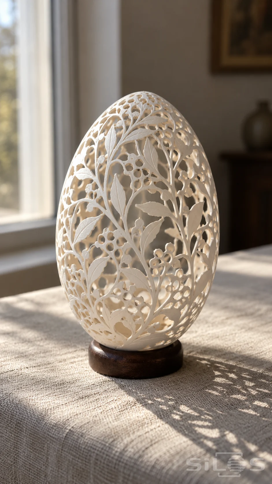 An upright white eggshell carved with leaves and tiny openings rests on a dark wooden ring in window light.