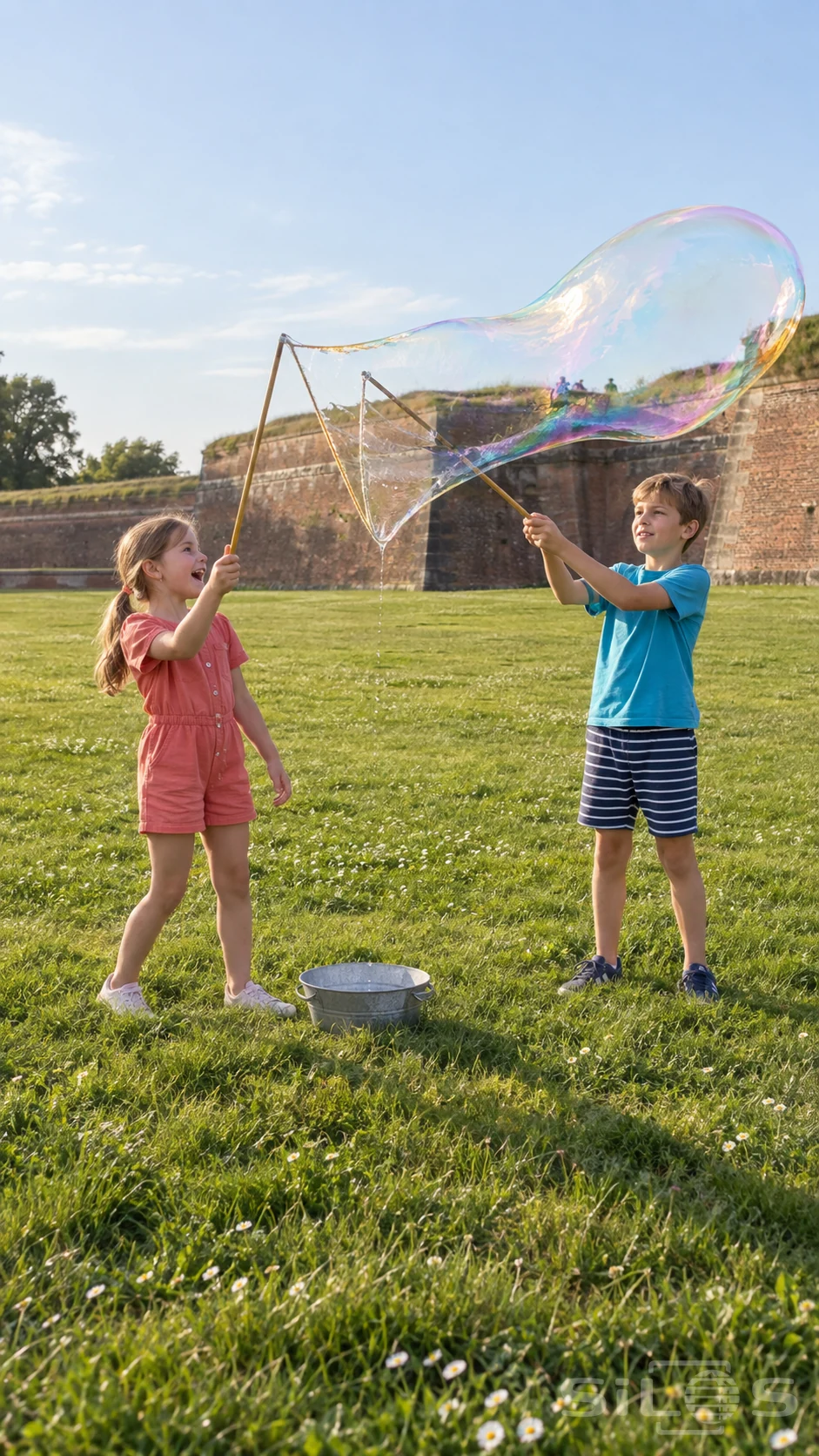 Two children make giant bubbles with wooden rods and a cord loop on a grassy green beside an old fort.