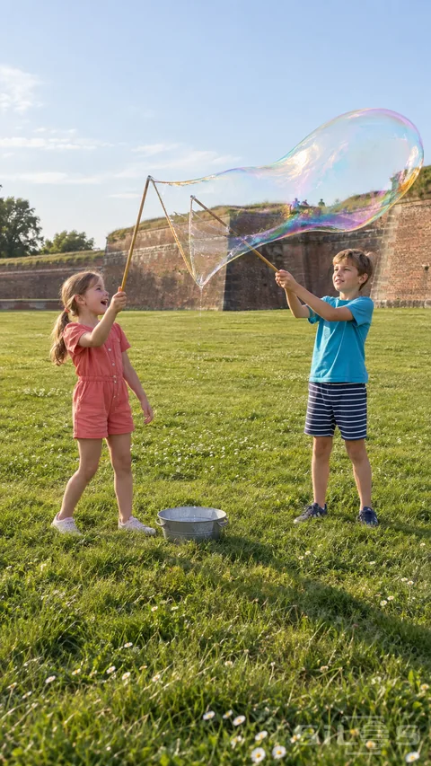 Two children make giant bubbles with wooden rods and a cord loop on a grassy green beside an old fort.