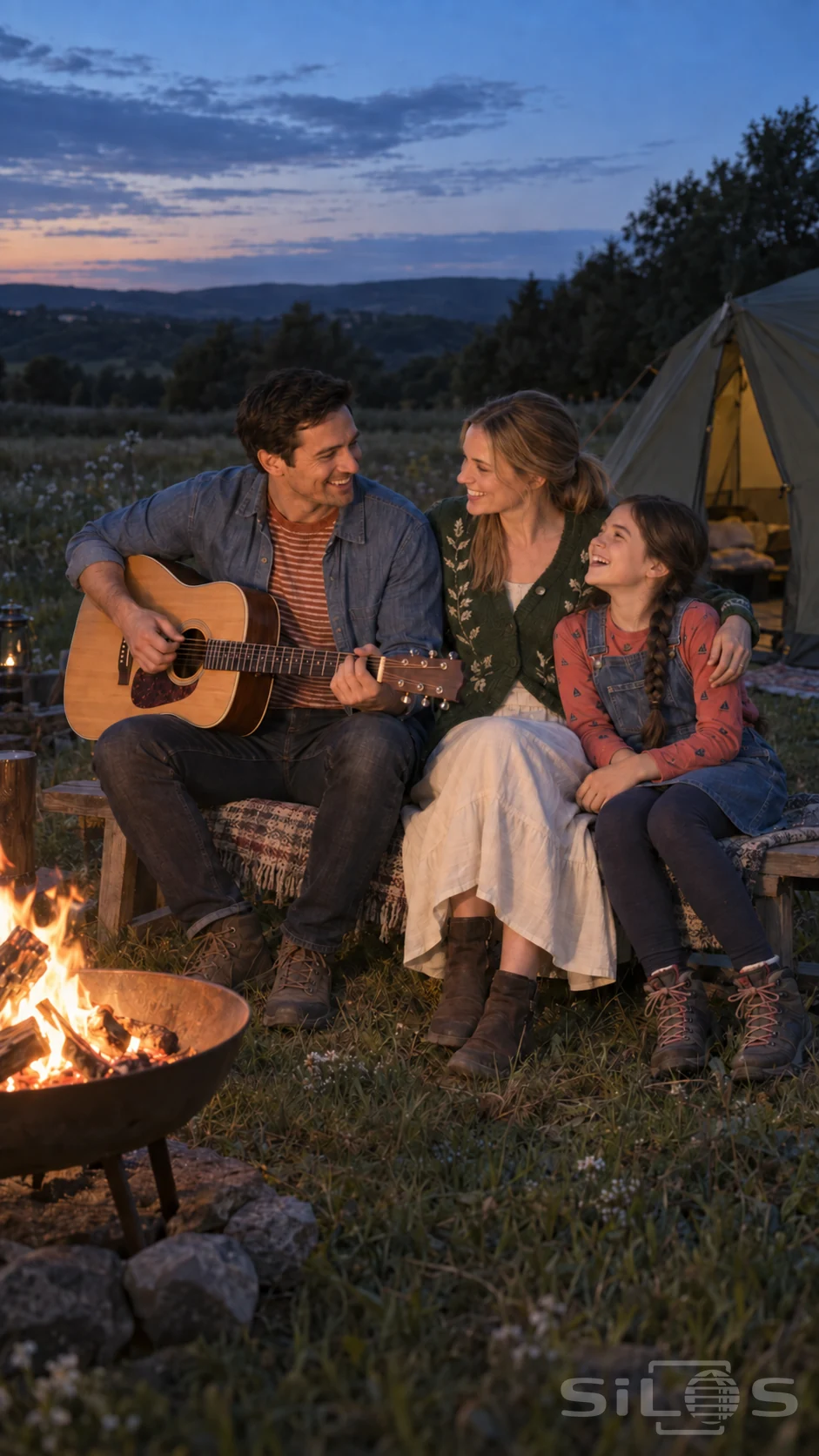 A campfire guitar song with a father playing while a mother and daughter cuddle beside him at a family campsite.