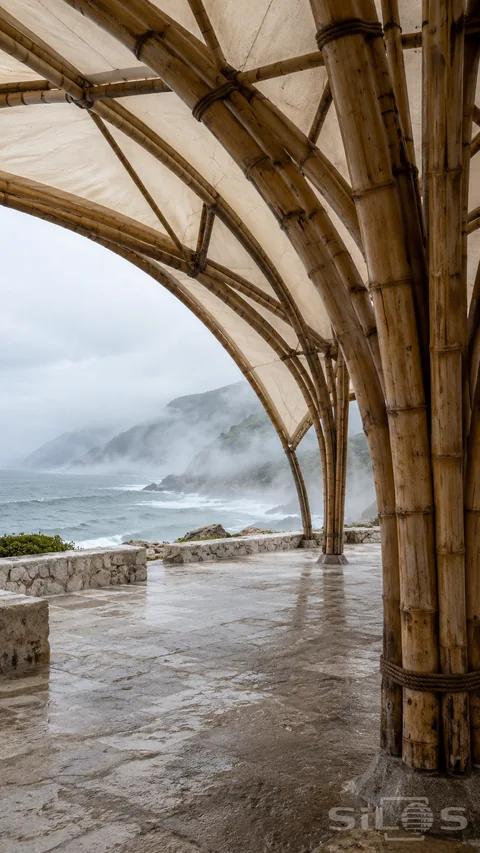 Bundled arches of a bamboo pavilion support a pale fabric canopy above wet stone; framing coastal mist and gray-green sea.