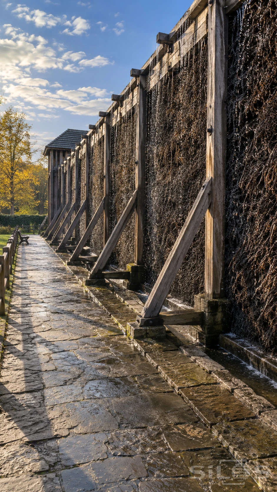 A graduation tower carries fine droplets down a dark thorn wall into a stone channel beside an empty park walkway.