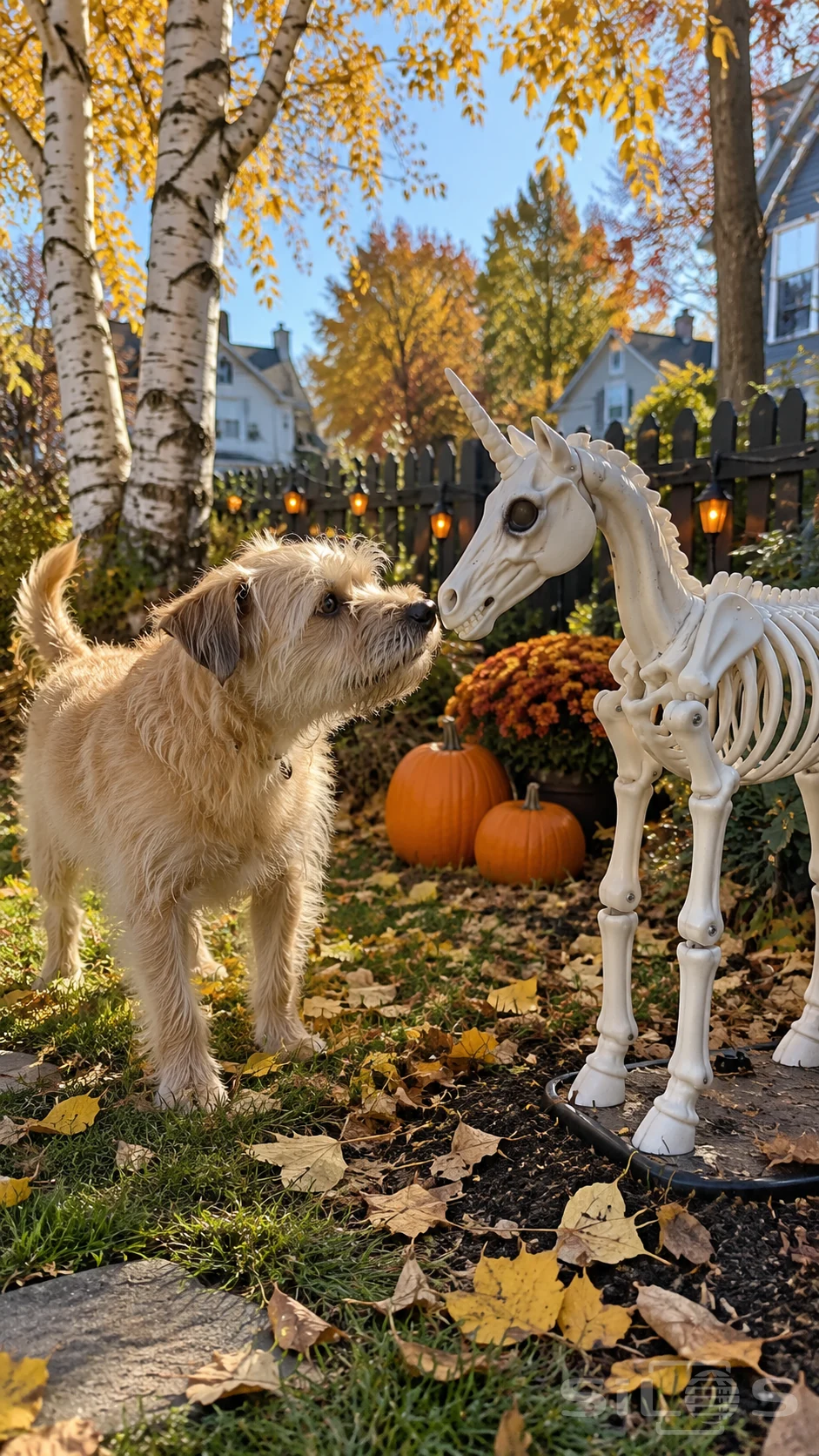 A wheaten terrier sniffs a white plastic skeleton garden unicorn beside pumpkins and fallen leaves under birch trees.