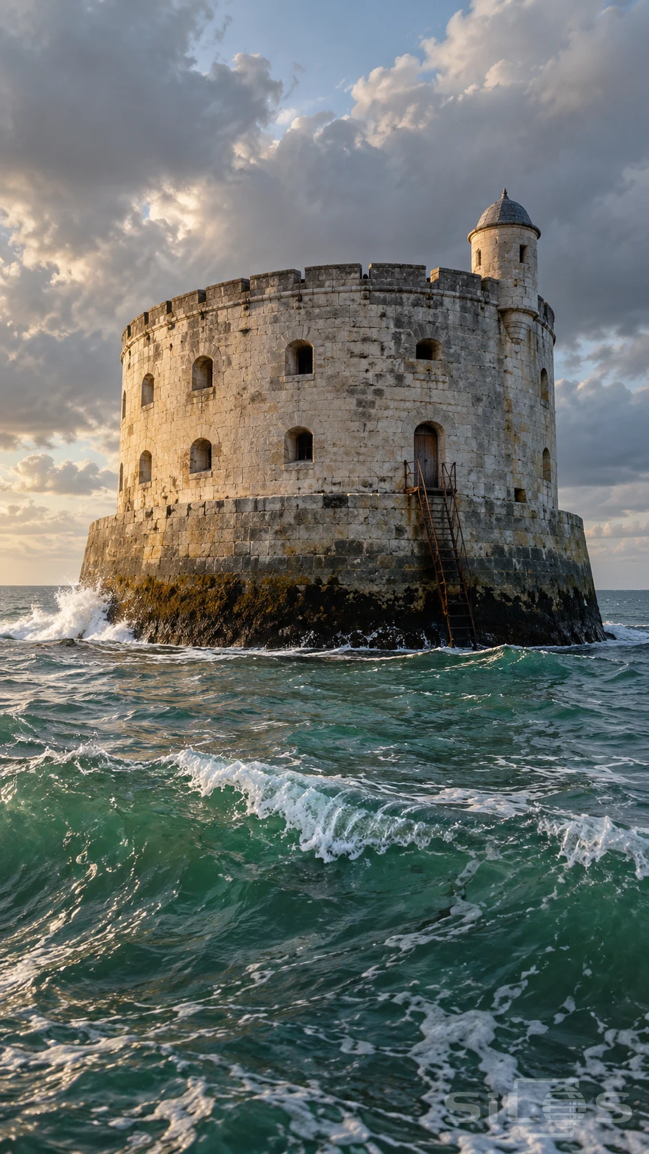 A round sea fort with weathered limestone walls rises above a green swell beneath tall clouds and warm side light.