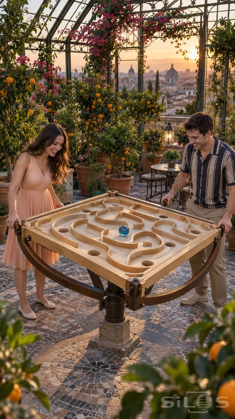 Two adults hold a large timber marble labyrinth with a blue sphere in a rooftop greenhouse filled with orange trees and flowers.