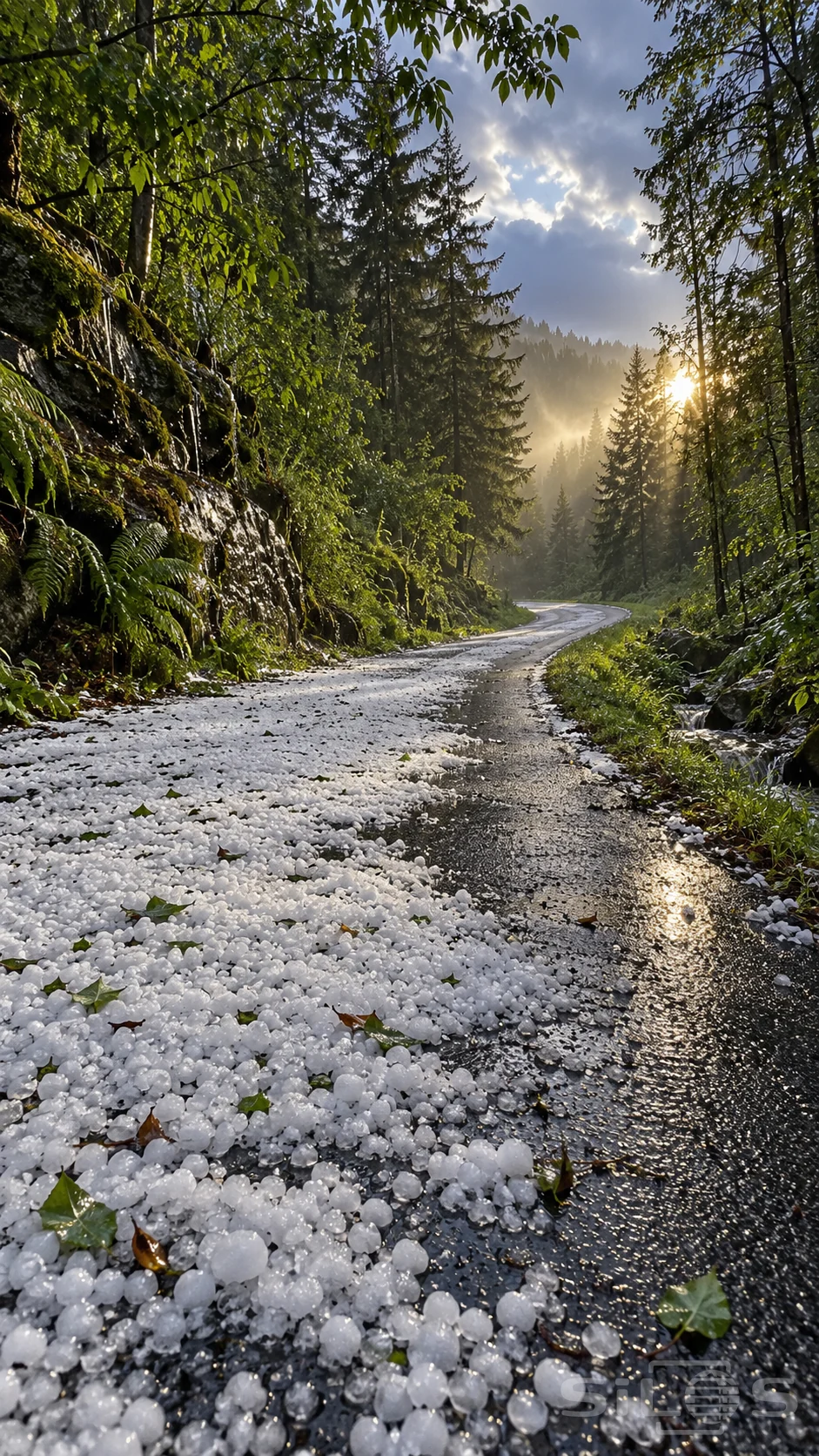 A hail covered lane winds through green woodland with rounded ice pellets and sunlight reflected on wet asphalt.
