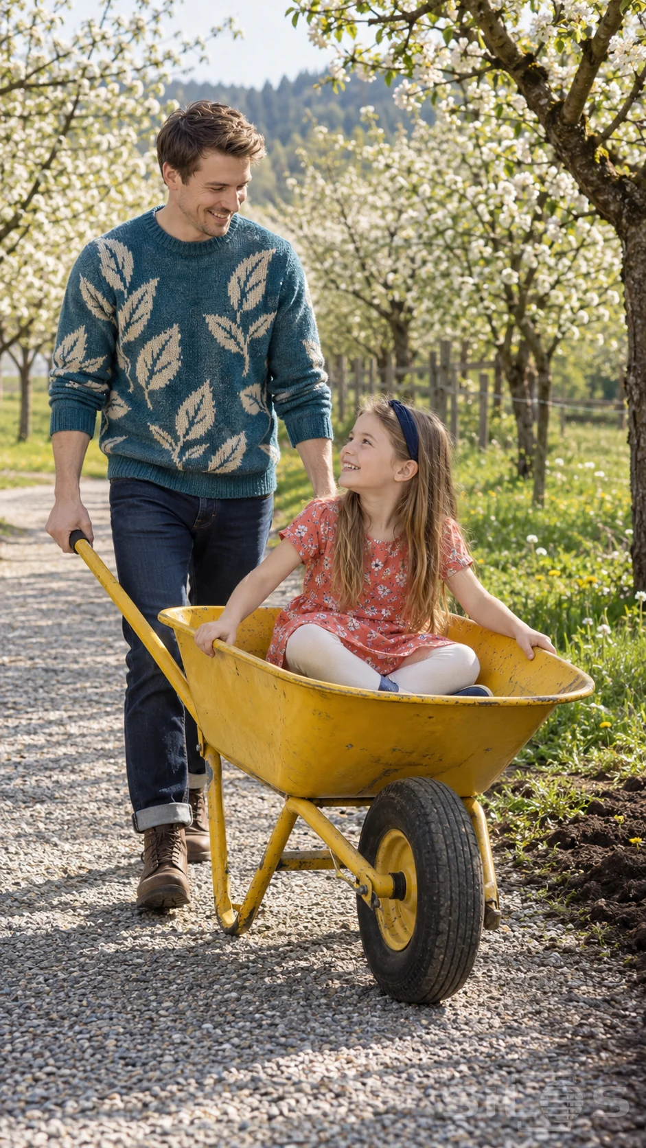 Father gives his daughter a wheelbarrow ride along a level path through a flowering orchard.