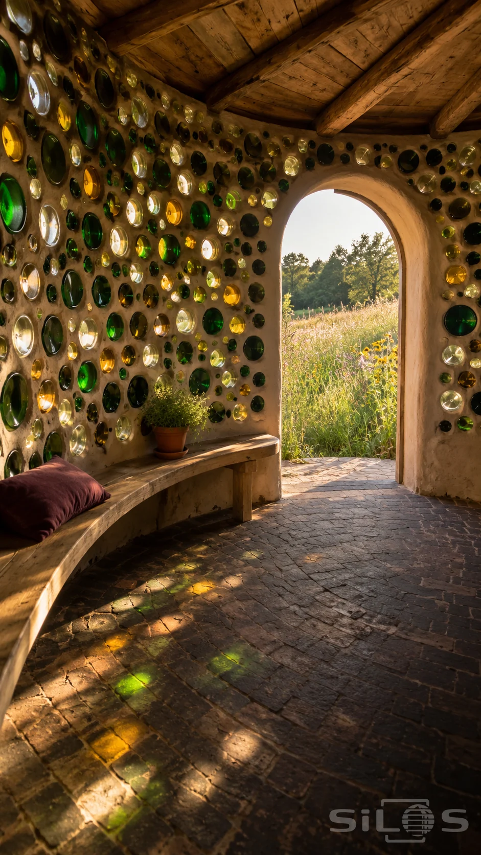 Bottle room with glass bottle walls, a curved bench and colored light on the brick floor beside an open meadow doorway.