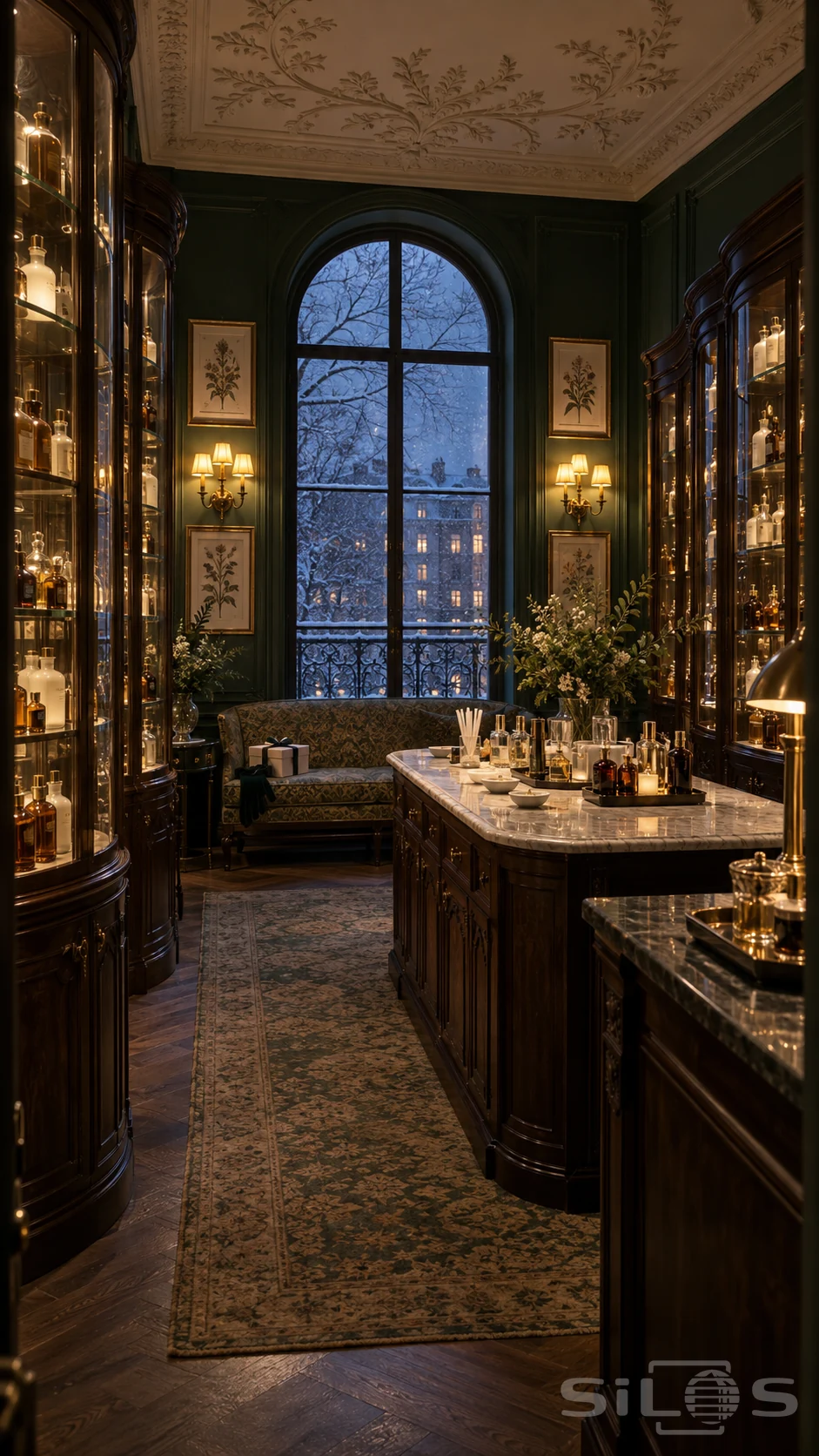 Amber perfumery with walnut glass cabinets, plain bottles, a marble tester island and a snowy arched window.
