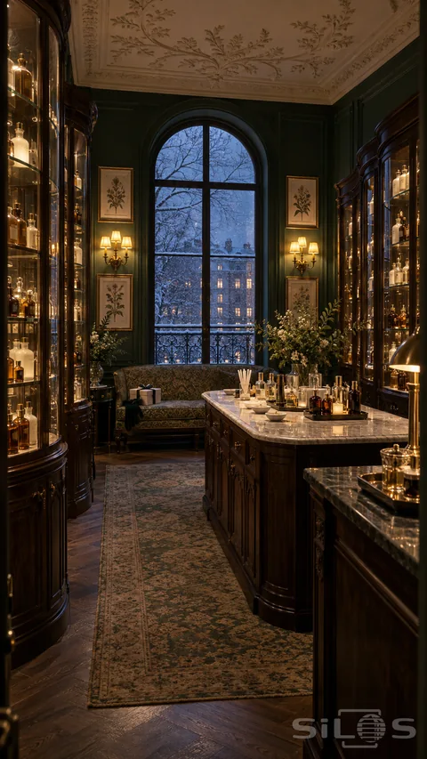 Amber perfumery with walnut glass cabinets; plain bottles; a marble tester island and a snowy arched window.