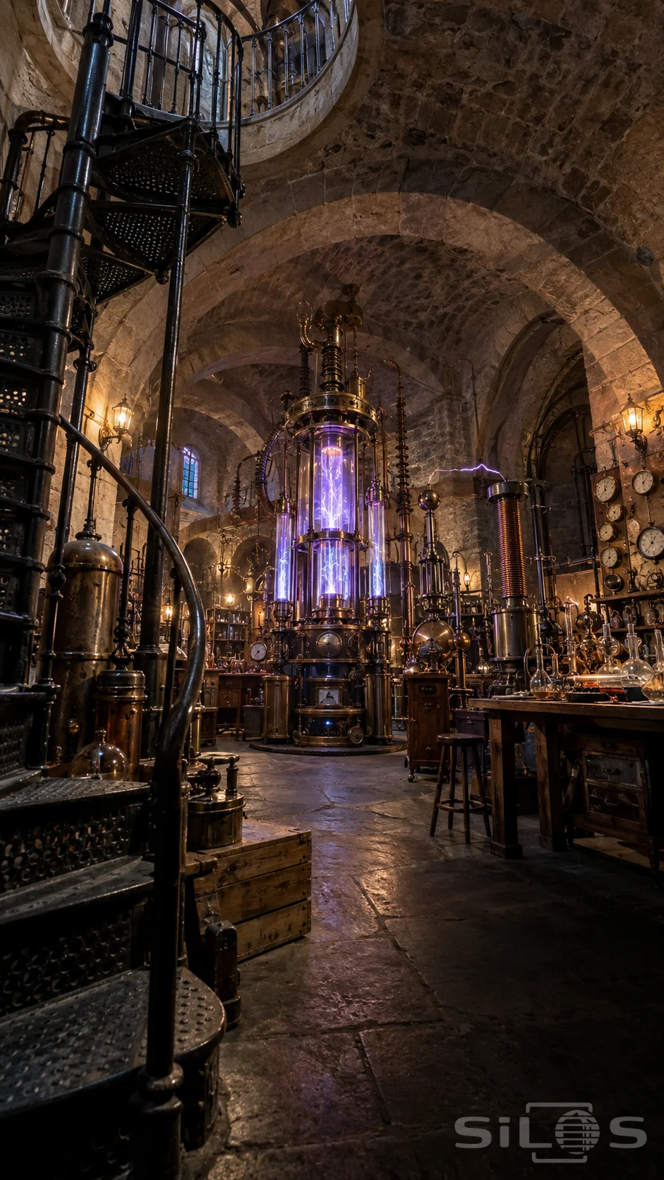 A tall brass machine glows violet inside glass cylinders beneath stone vaults beside copper coils and an iron spiral stair.