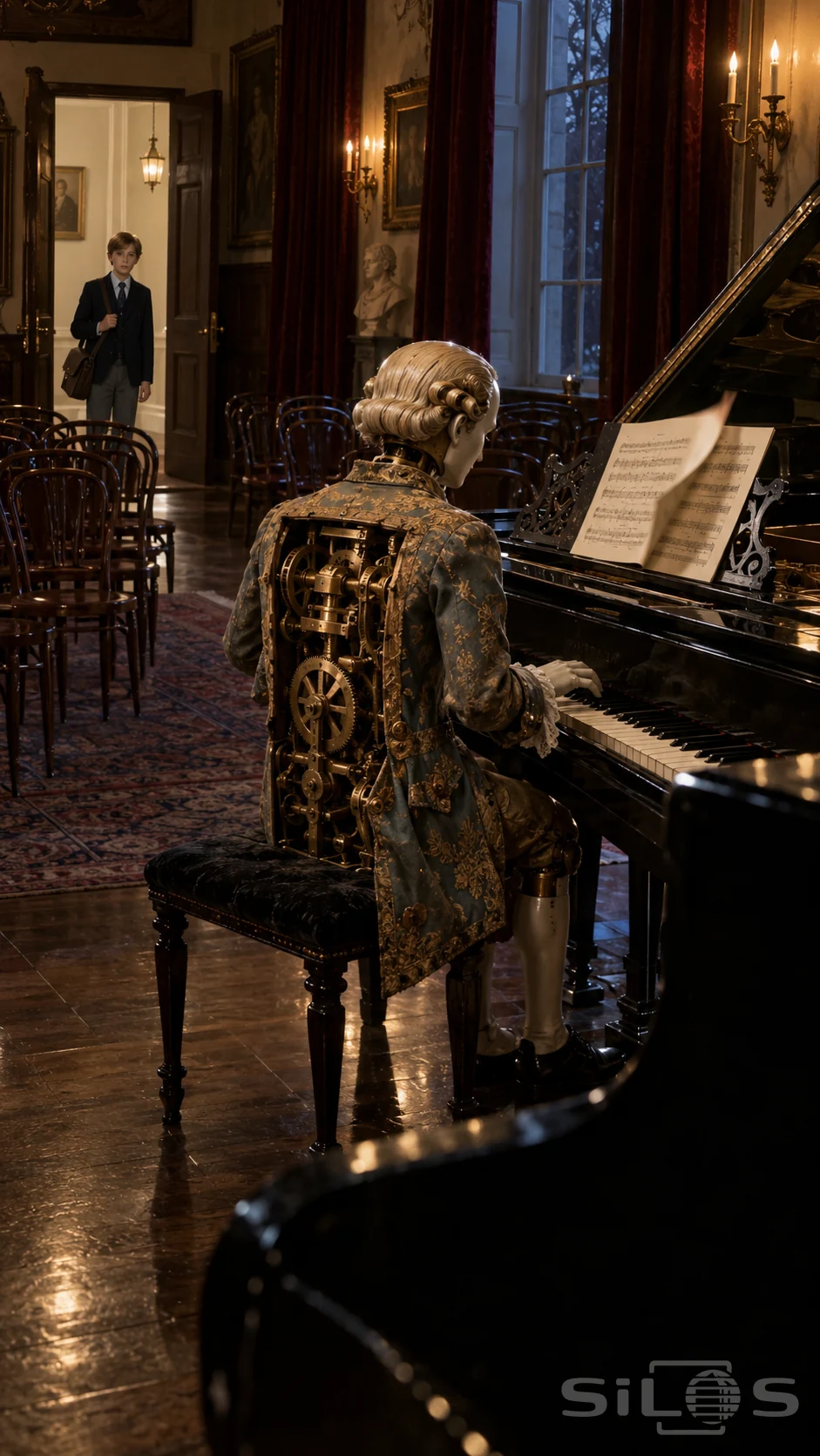 A porcelain and brass automaton at a black grand piano, its back open to reveal gears, with a boy in the distant doorway.