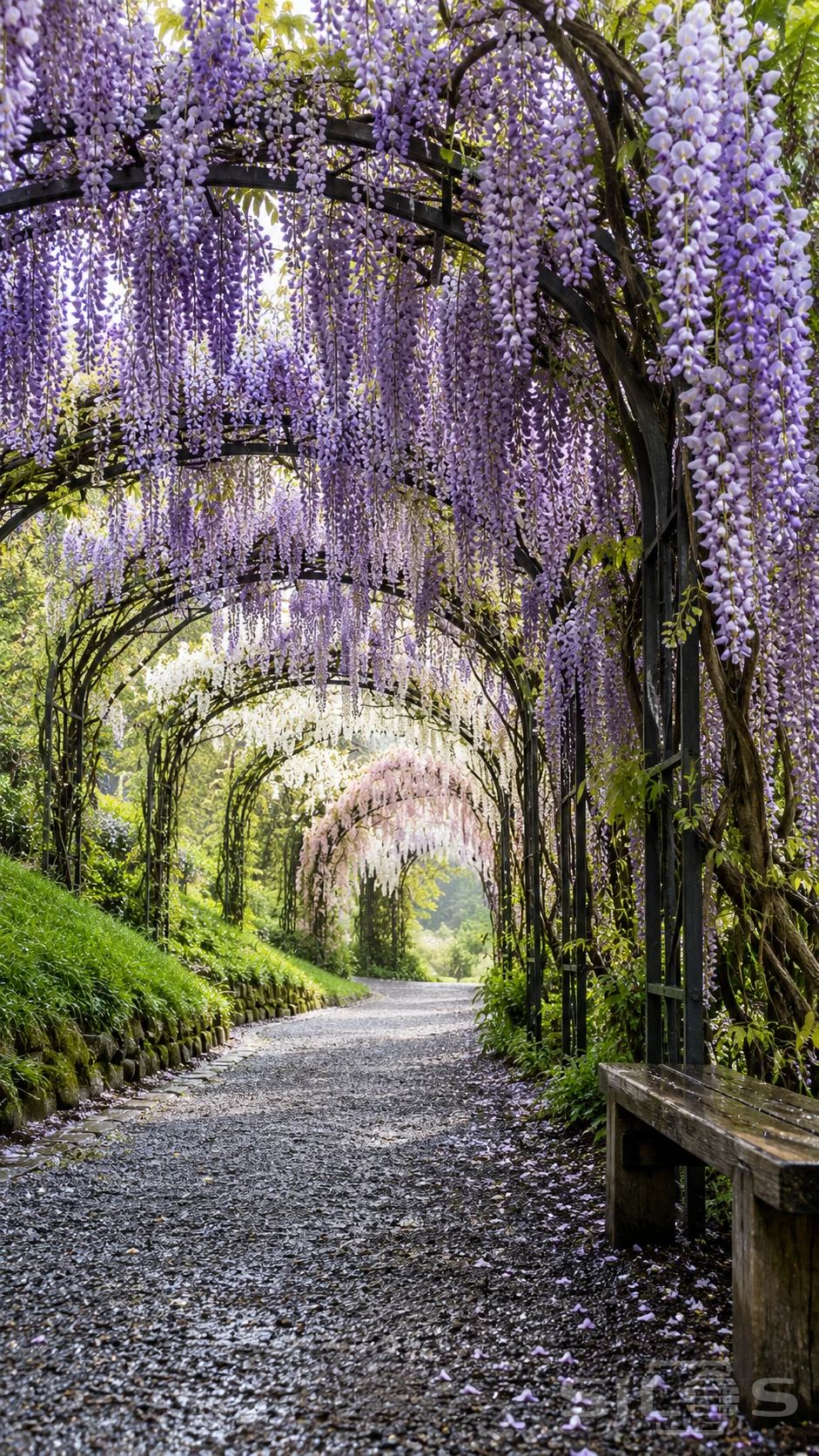 Long lavender, white and pink wisteria clusters hang from dark metal arches above a damp gravel path and simple wooden bench.