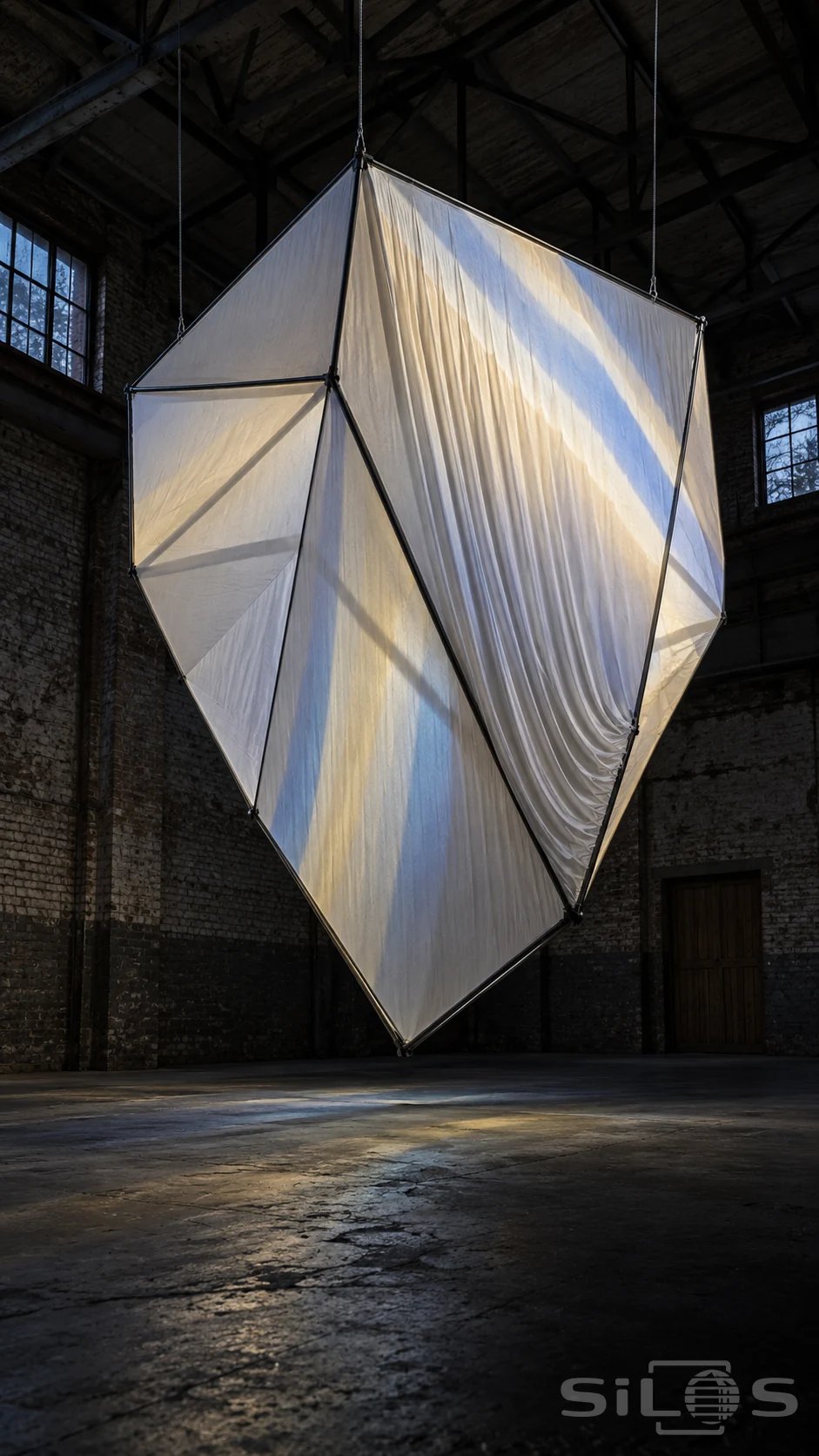 Large suspended black frame with translucent white fabric and pale projected stripes inside a dark brick industrial hall
