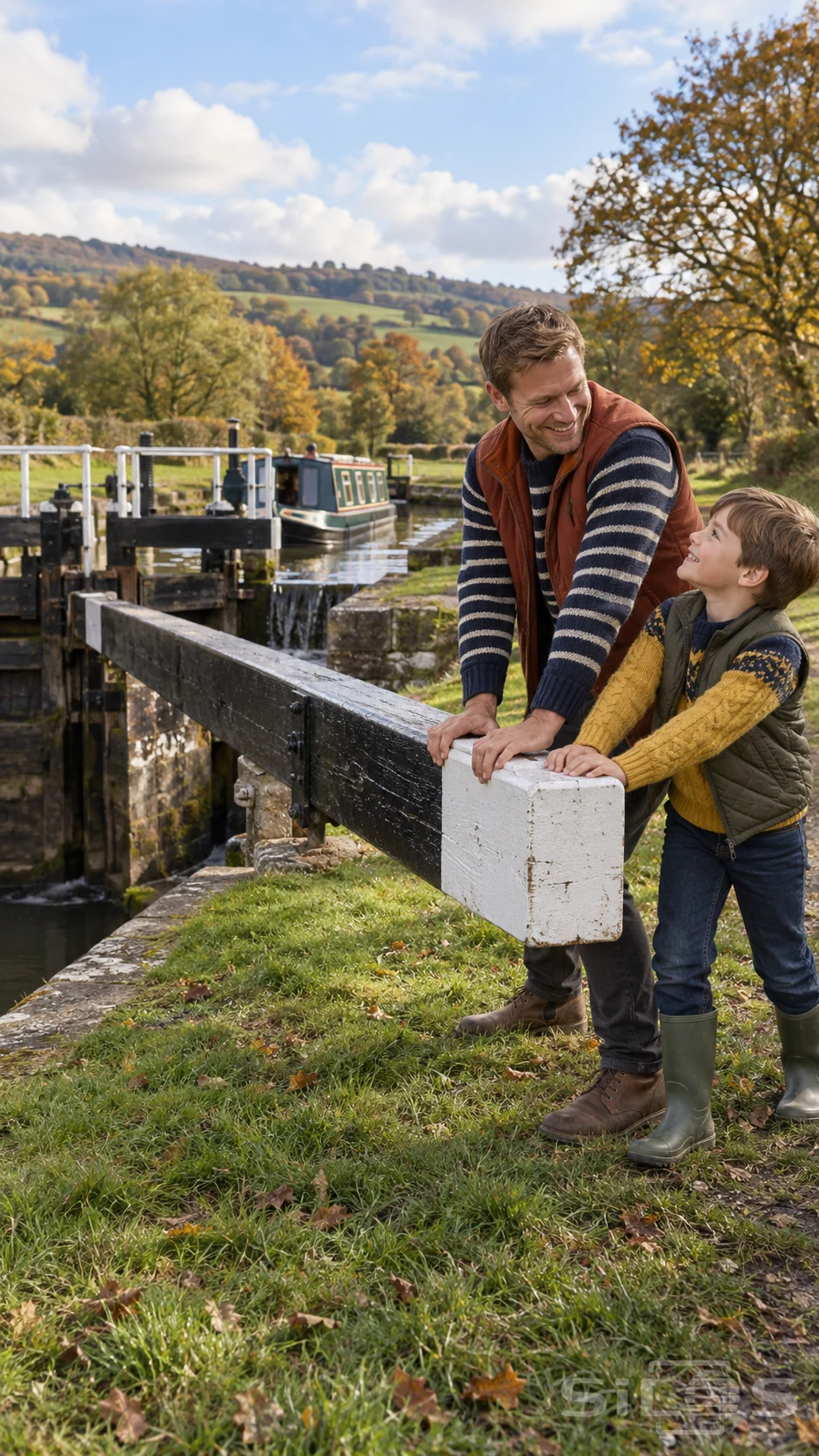 A father and son push the white end of a canal lock gate balance beam beside an autumn waterway.