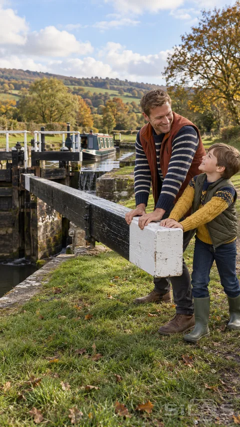 A father and son push the white end of a canal lock gate balance beam beside an autumn waterway.