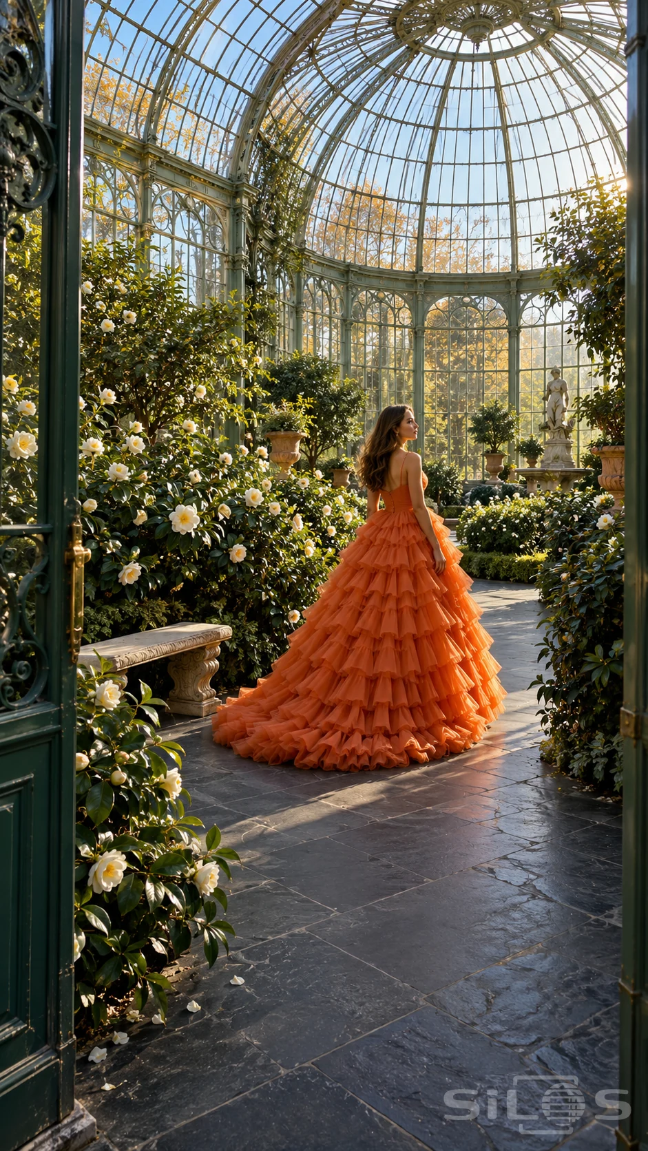 A woman in a full orange ruffled gown stands among cream camellias inside an ornate domed glasshouse.