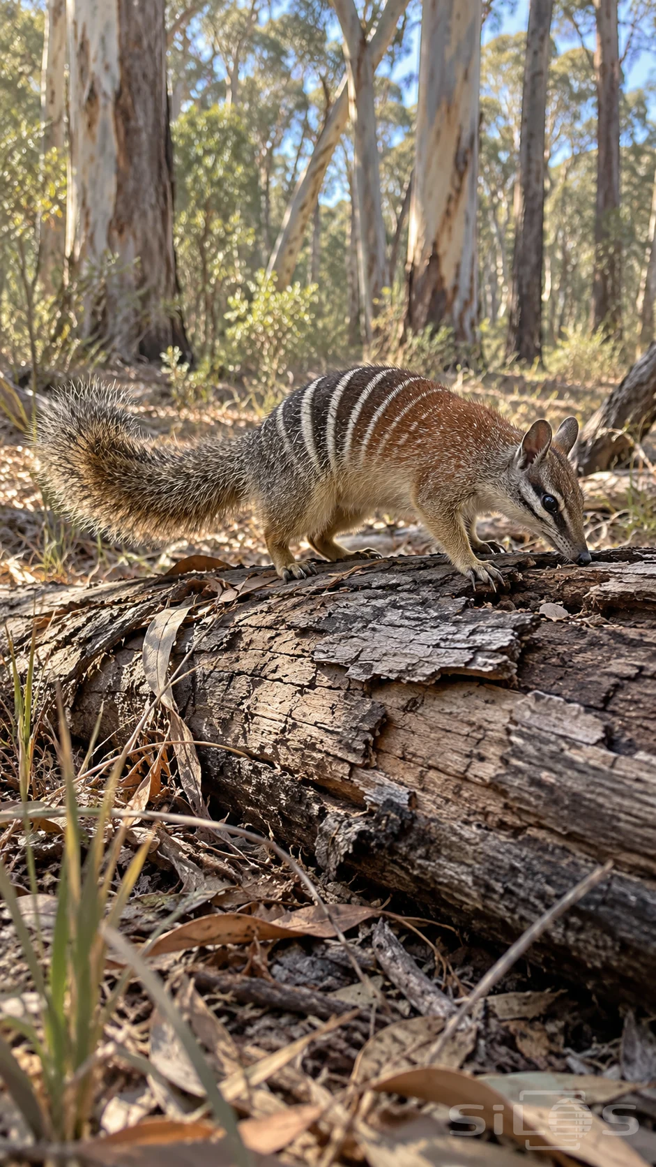 A woodland numbat lowers its muzzle to a fallen log with its striped body and long bristly tail visible among dry leaves.
