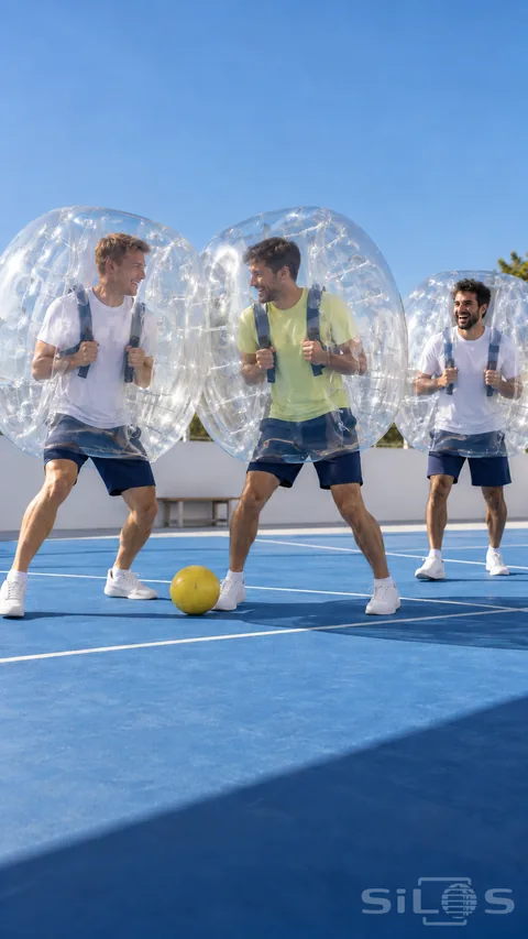 Bubble football with three adult men inside transparent inflatable suits; their feet around a yellow ball on a bright blue outdoor court.