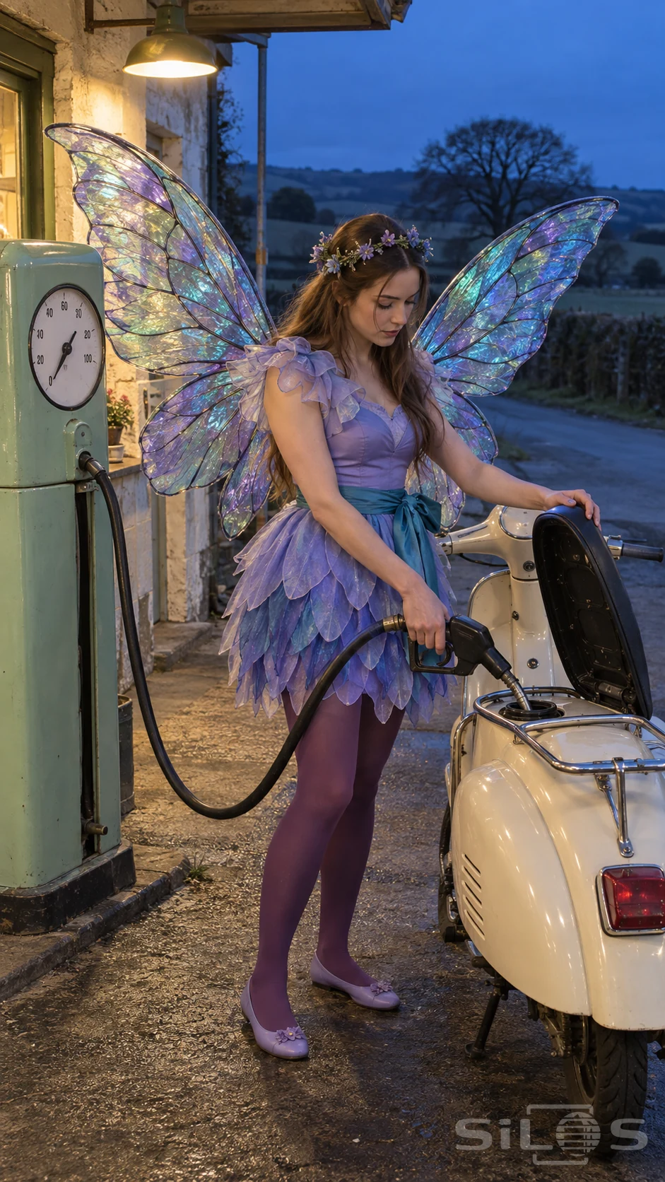 Woman with large fairy wings and a lavender petal skirt refuels a cream scooter beside a mint petrol pump.