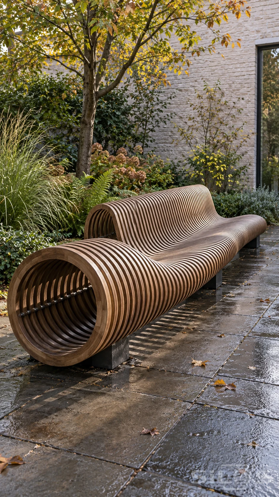 A curved timber bench made from parallel ribs rolls into a hollow circular end in a planted courtyard.