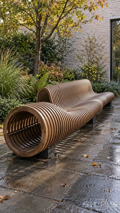 A curved timber bench made from parallel ribs rolls into a hollow circular end in a planted courtyard.