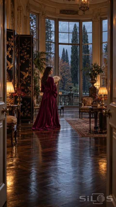 A woman in a long magenta velvet gown holds an ivory fan in a tall salon with gilded screens and rainy garden windows.