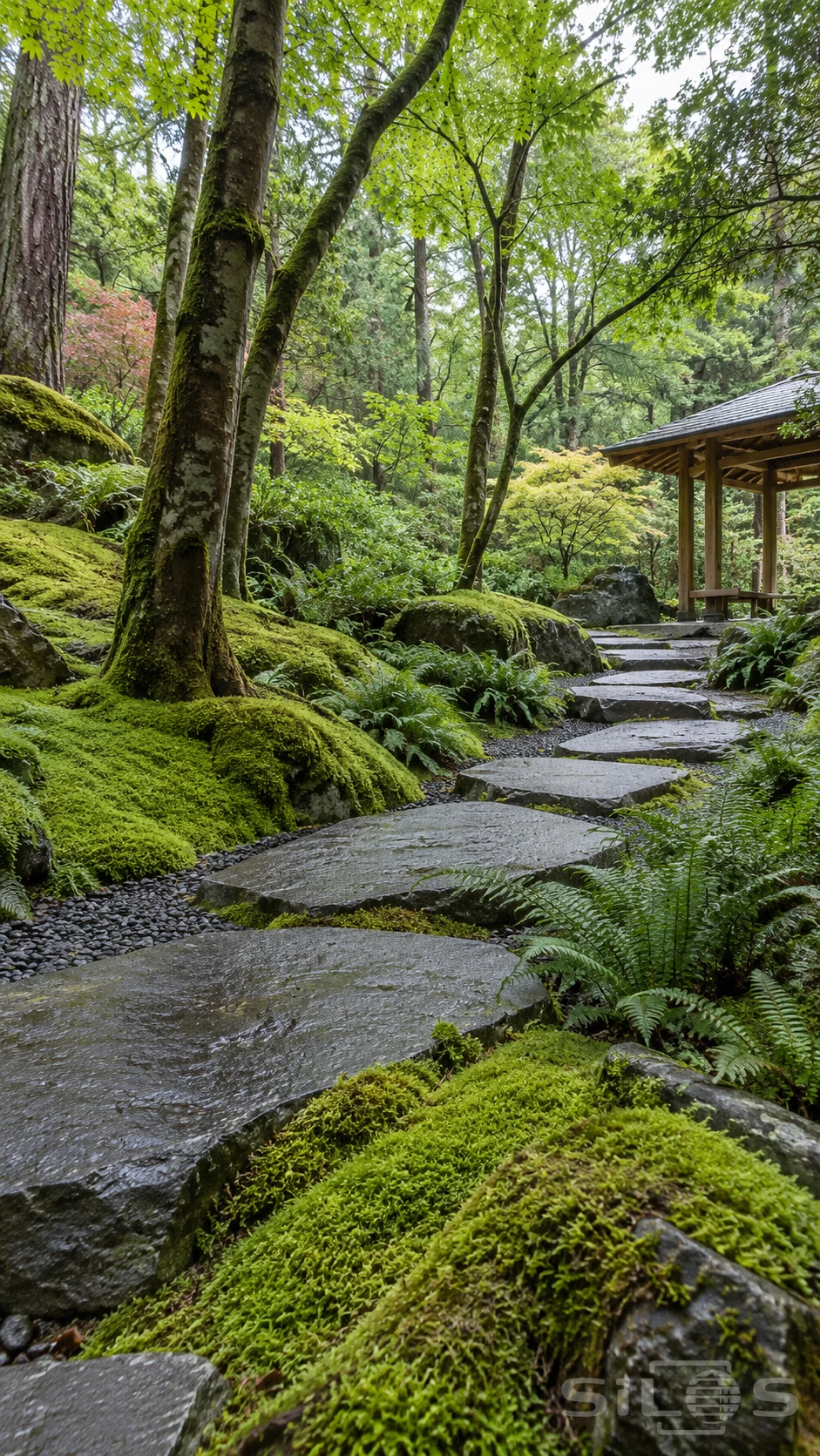 A moss garden path of wet stepping stones curves through ferns and tall trees toward a small timber shelter.